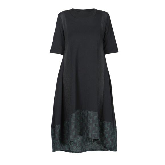 Luukaa Women Black Midi Cotton Dress Size 10 Green Stitch Short Sleeve NWT - Picture 1 of 5
